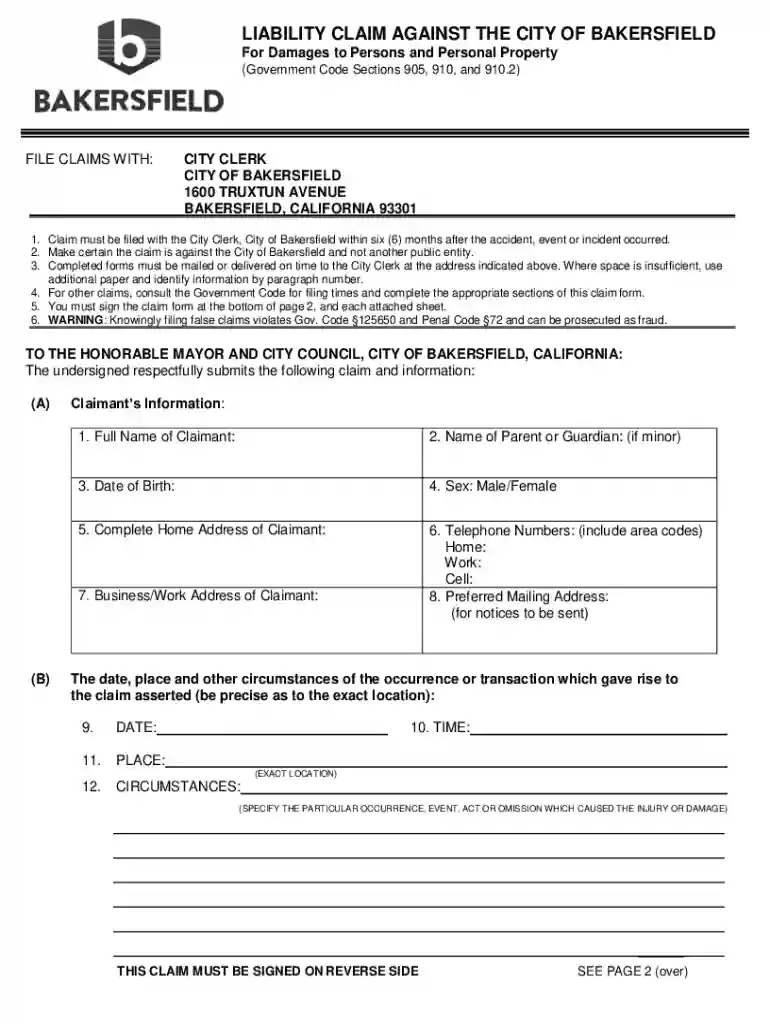 LIABILITY CLAIM AGAINST THE CITY OF BAKERSFIELD Preview on Page 1