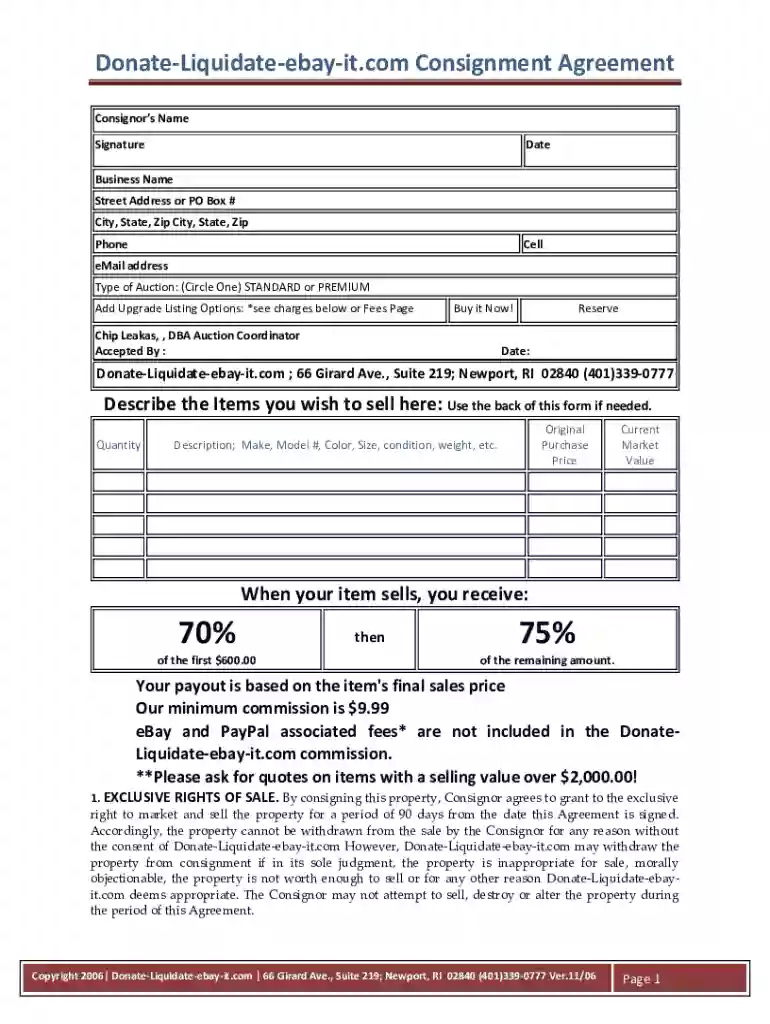Donate-Liquidate-ebay-it Consignment Agreement Preview on Page 1