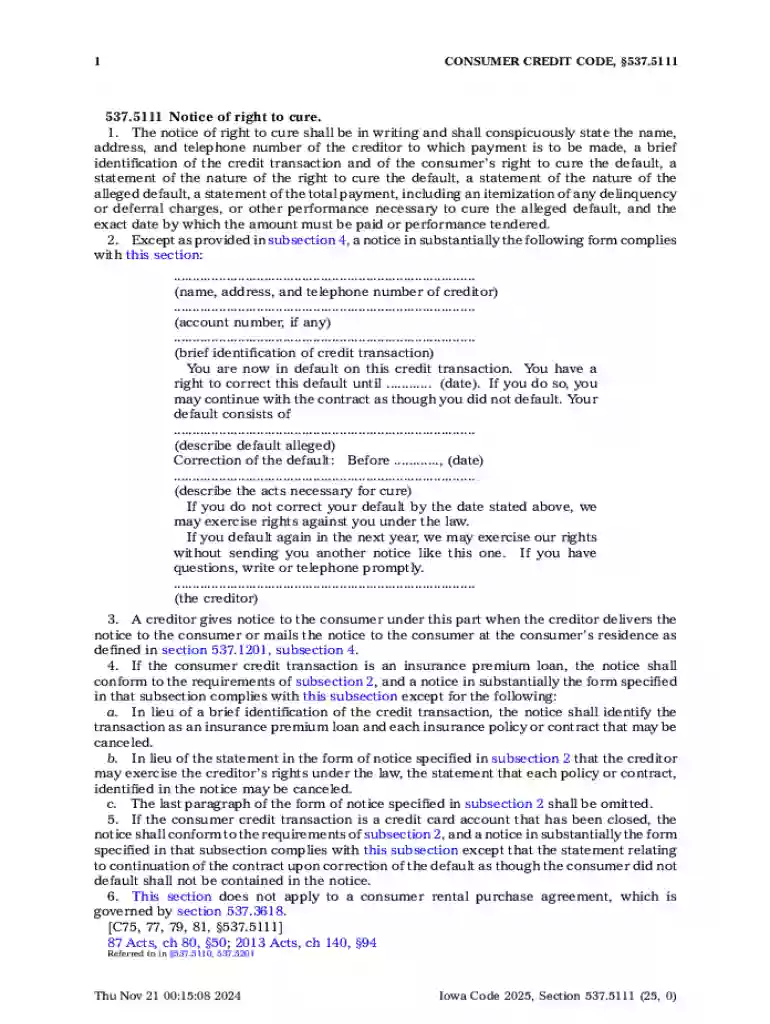Iowa Notice Of Right To Cure Form - Fill Online, Printable Preview on Page 1