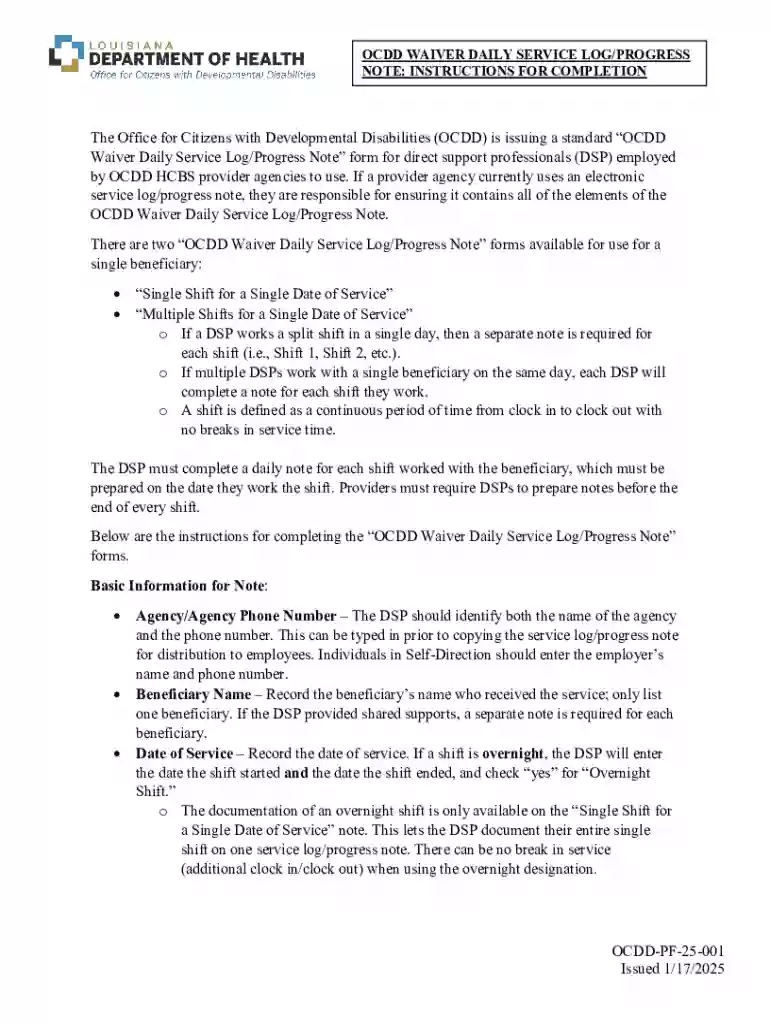 OCDD Waiver Daily Service Log Progress Note Preview on Page 1