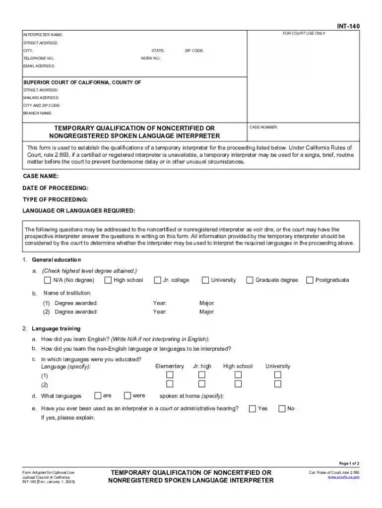 INT-140 Temporary Qualification of Noncertified or Nonregistered Spoken Language Interpreter Judicia Preview on Page 1