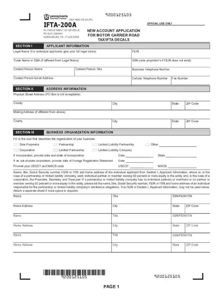 PA IFTA-200A New Account Application Preview on Page 1