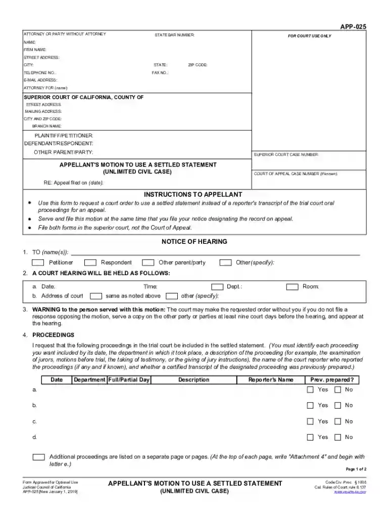 APP-025 Appellant's Motion to Use a Settled Statement Preview on Page 1
