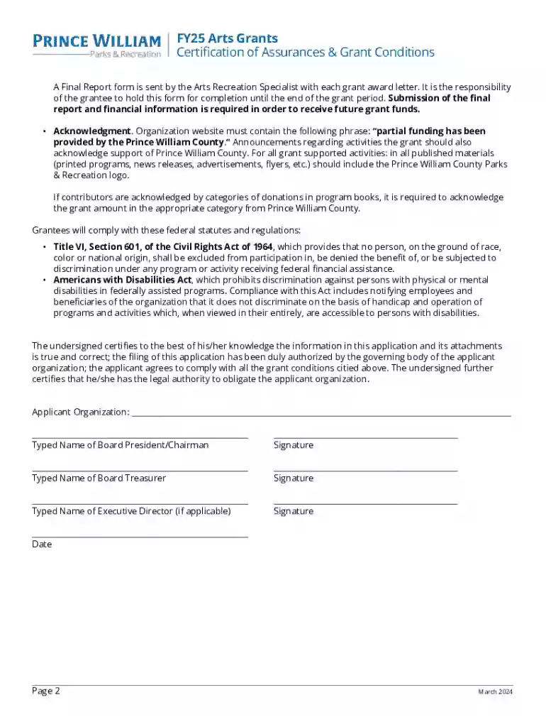 Fy25 Arts Grants Certification of Assurances and Grant Conditions Preview on Page 1
