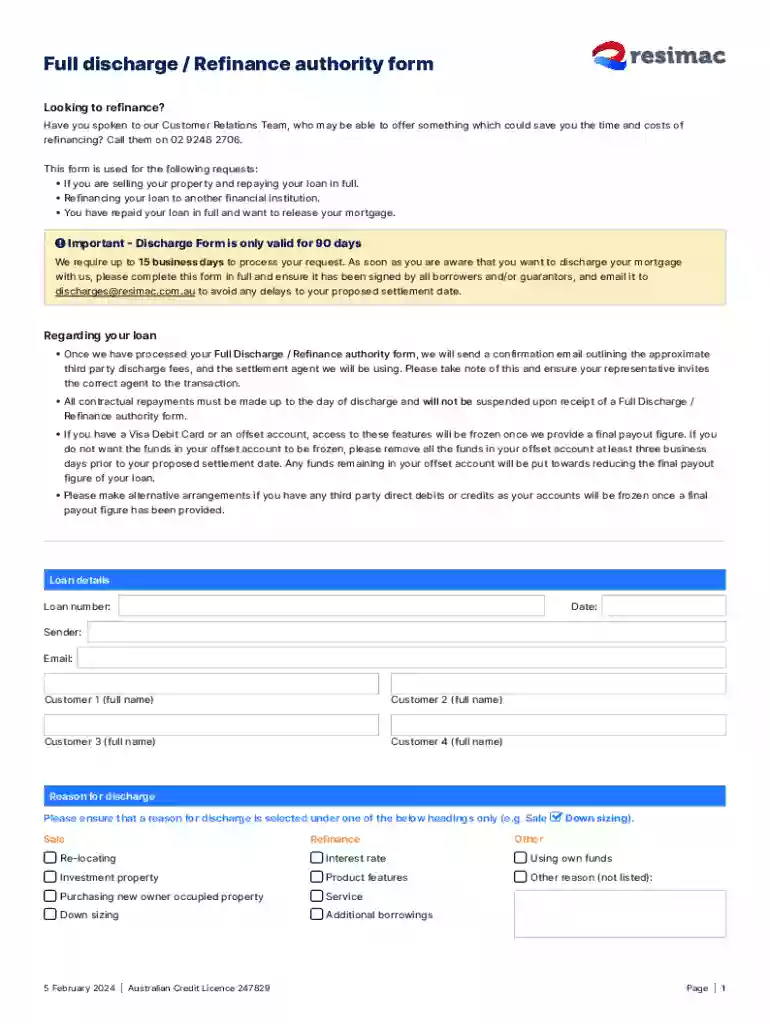 Full Discharge Refinance Authority Form Preview on Page 1
