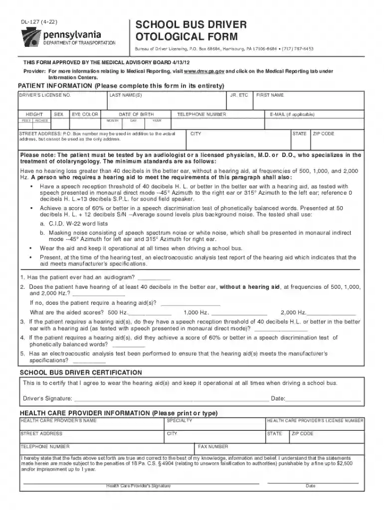 School Bus Driver Otological Form Preview on Page 1