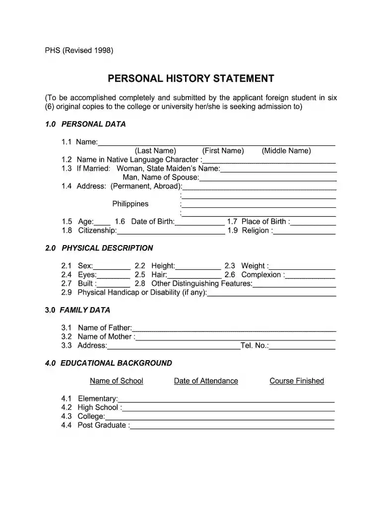 personal history statement form free download Preview on Page 1