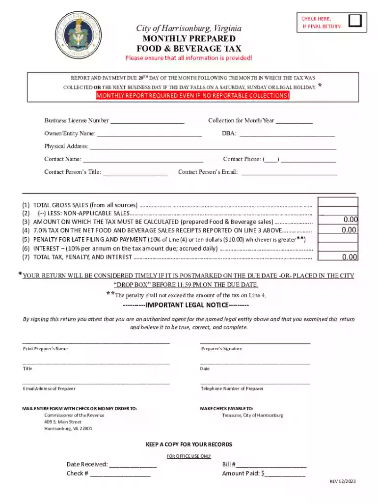 Harrisonburg Monthly Prepared Food and Beverage Tax Return Preview on Page 1