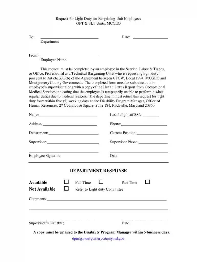 Request for Light Duty for Bargaining Unit Employees Preview on Page 1