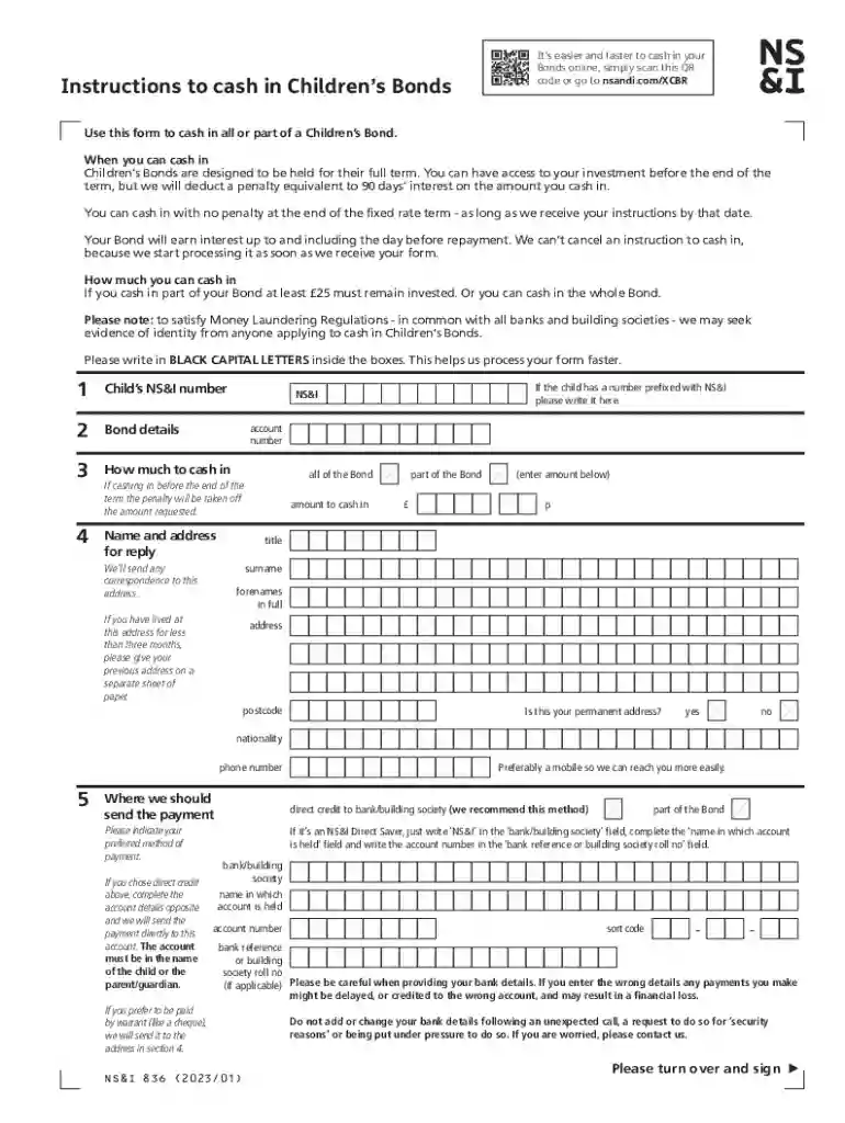 Instructions to cash in Childrens Bonds Preview on Page 1