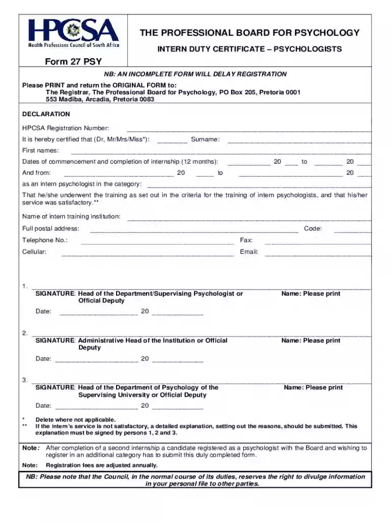 Intern Duty Certificate Psychologists Preview on Page 1