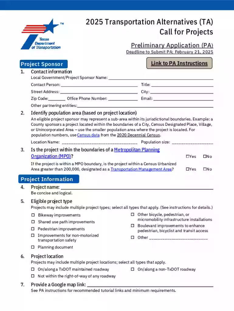 2025 Transportation Alternatives (ta) Call for Projects Preliminary Application Preview on Page 1