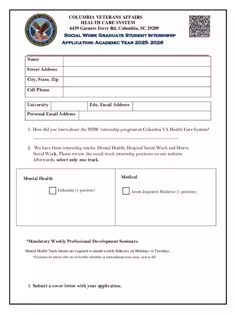 Social Work Graduate Student Internship Application Preview on Page 1