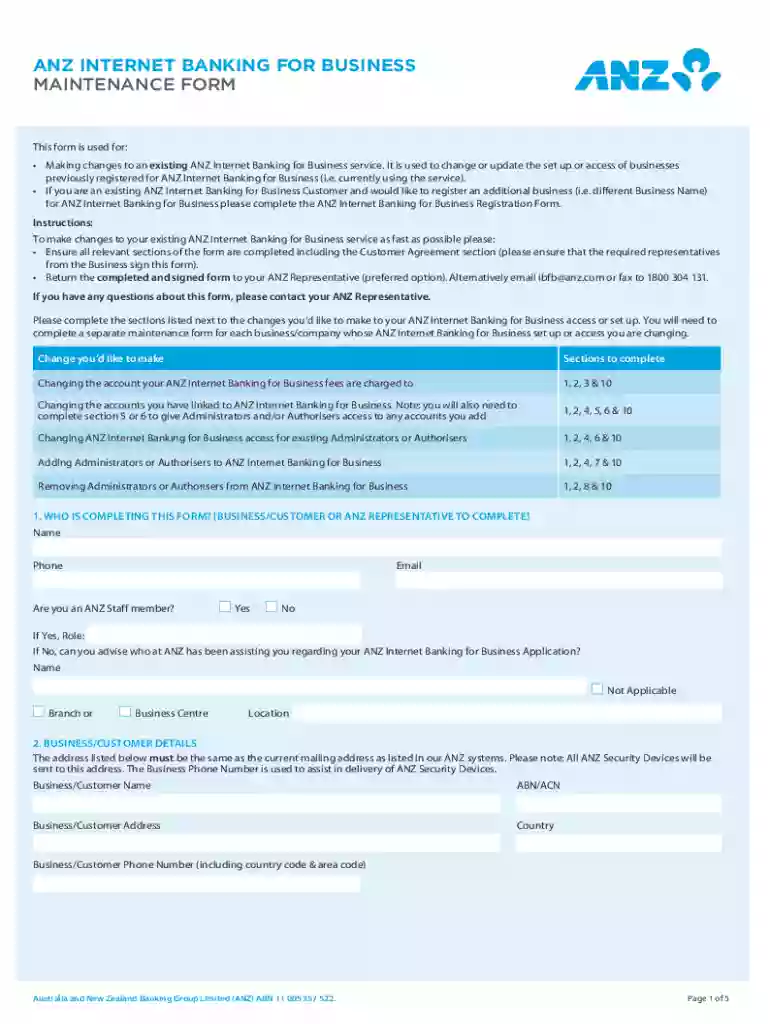 Anz Internet Banking for Business Maintenance Form Preview on Page 1