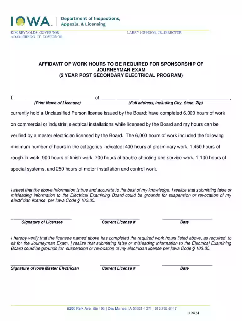 Affidavit of Work Hours for Sponsorship of Journeyman Exam Preview on Page 1
