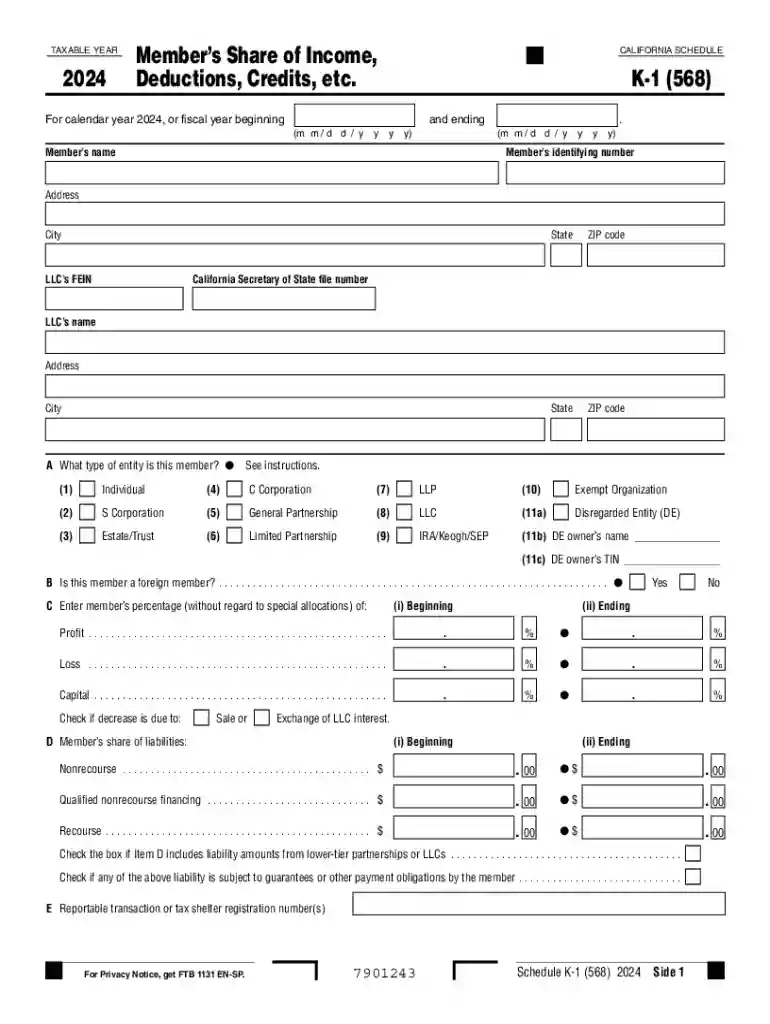California Schedule K-1 (568) Preview on Page 1