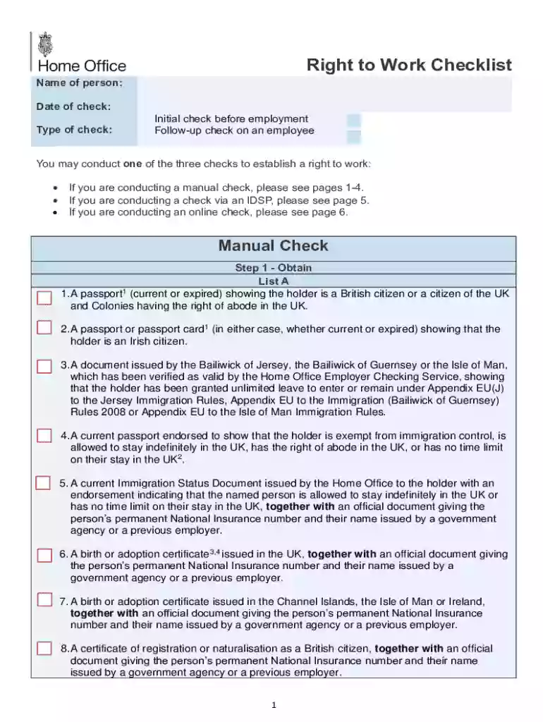 UK Right to Work Checklist Preview on Page 1