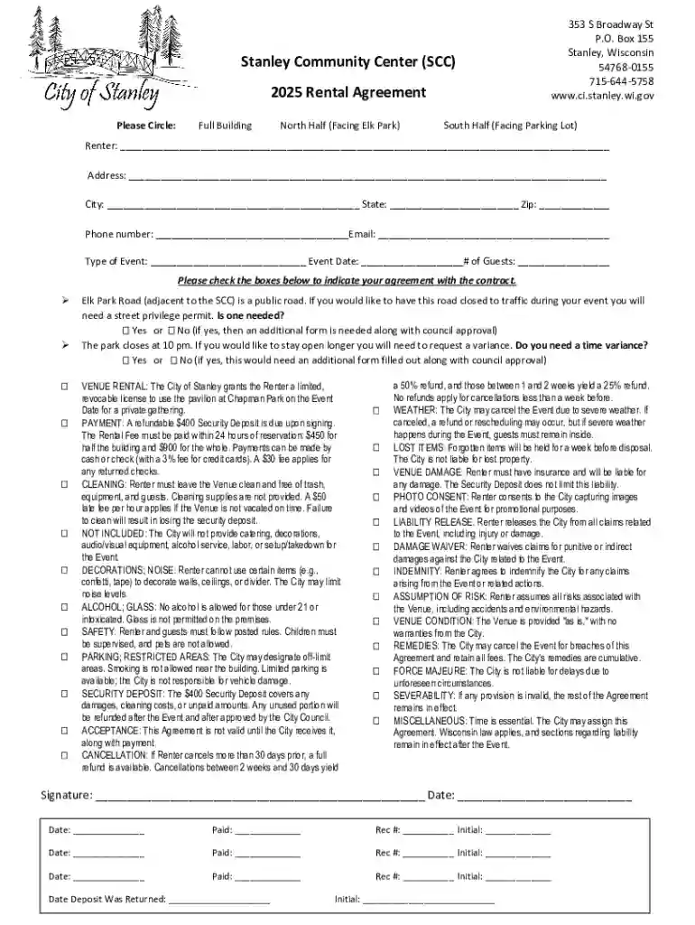 Stanley Community Center Rental Agreement Preview on Page 1
