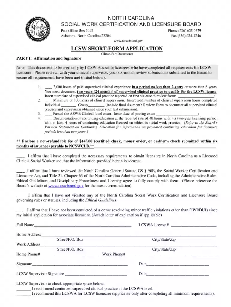 LCSW Short-Form Application Preview on Page 1