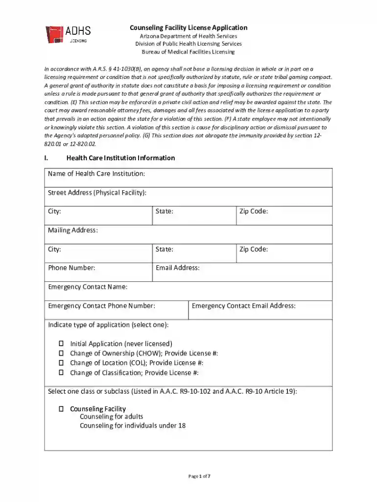Counseling Facility License Application Preview on Page 1