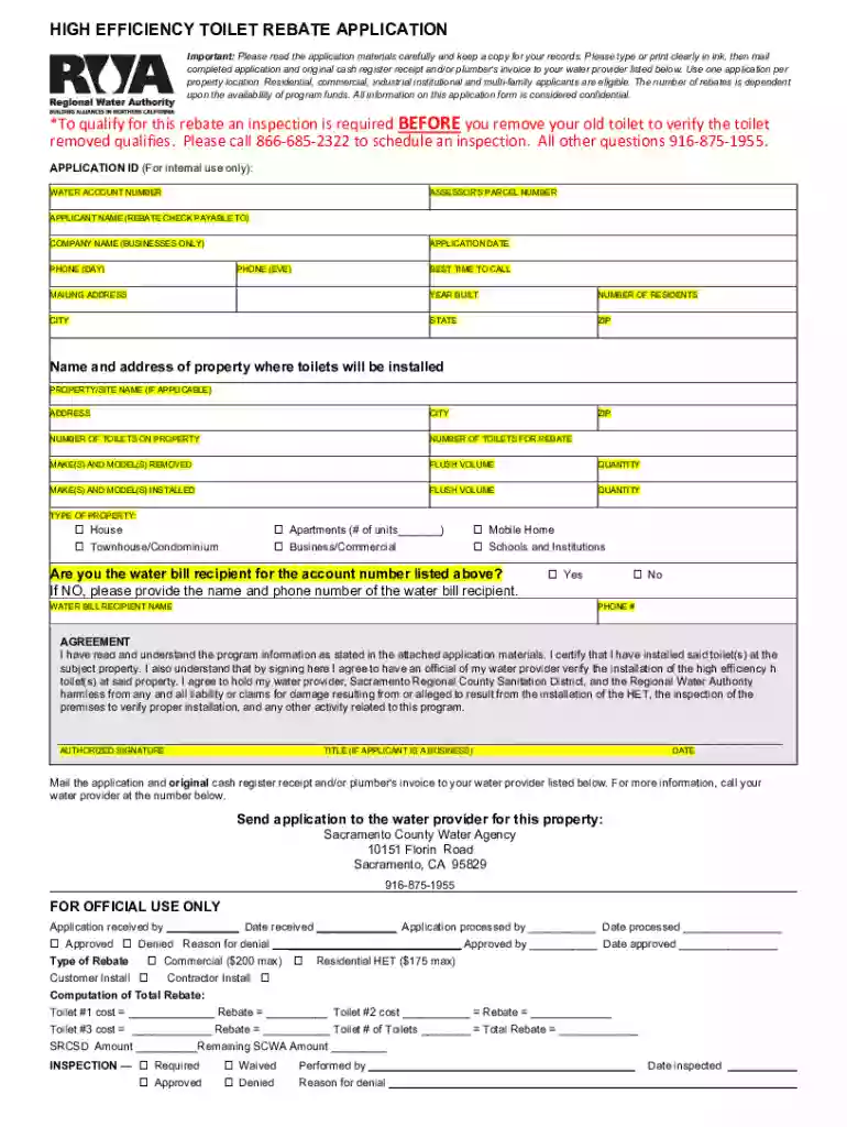 High Efficiency Toilet Rebate Application Preview on Page 1