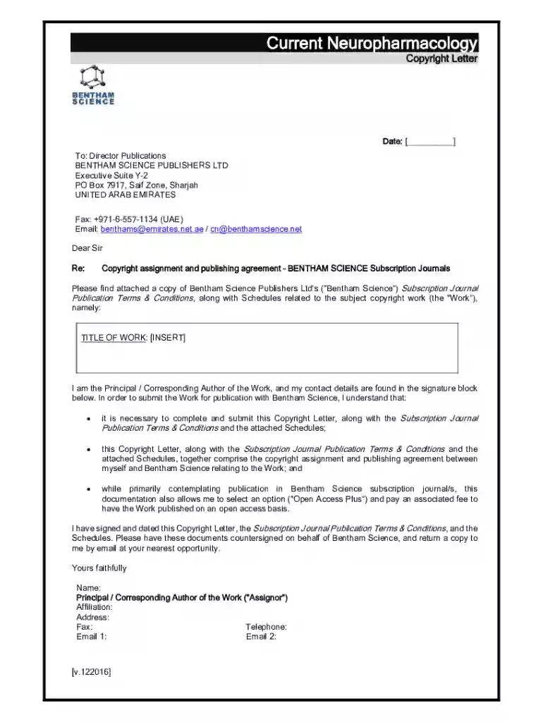 Current Neuropharmacology Copyright Letter Preview on Page 1