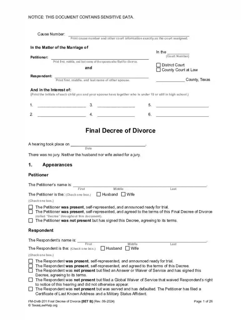 Fm-divb-201 Final Decree of Divorce set B Preview on Page 1