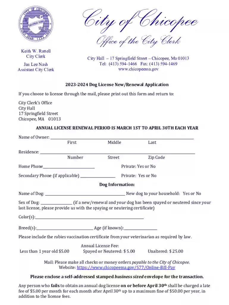 2023 2024 Dog License New renewal Application Preview on Page 1