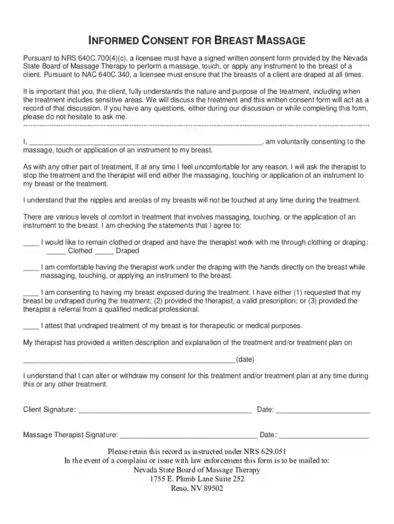 Informed Consent for Breast Massage Preview on Page 1