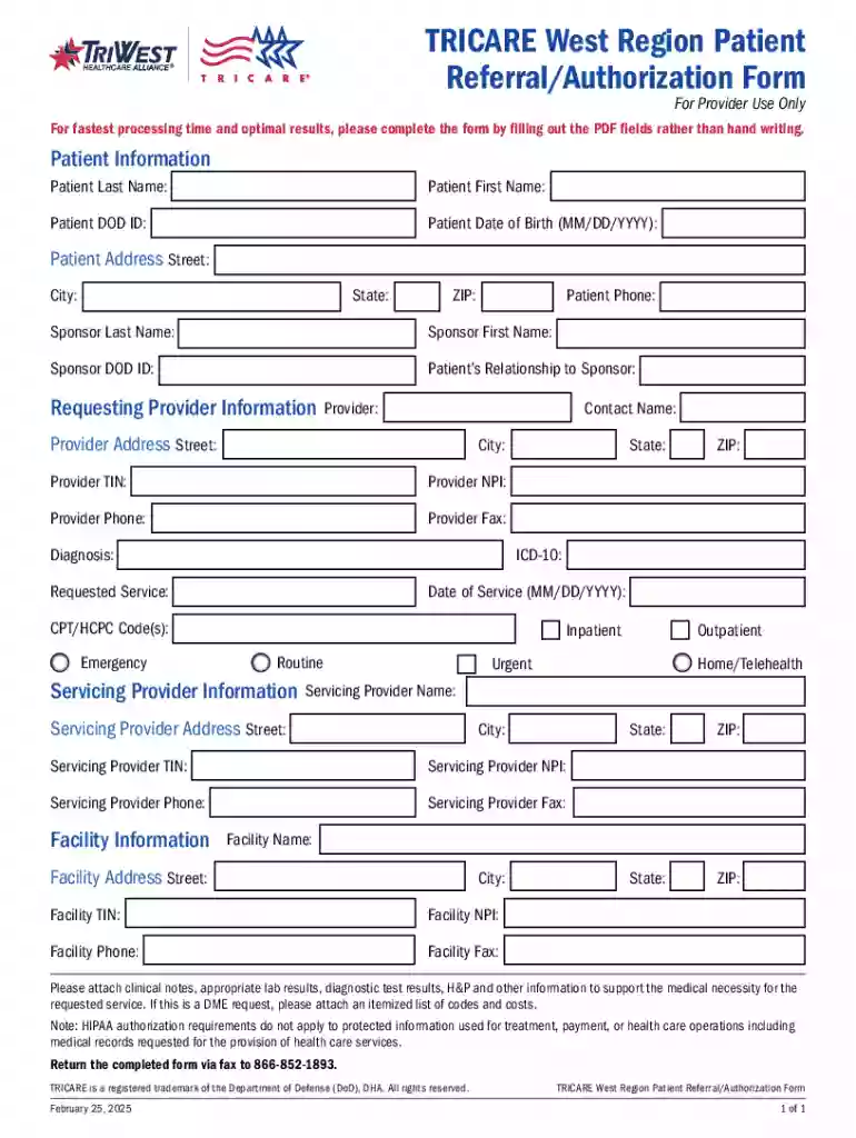 Tricare West Region Patient Referral authorization Form Preview on Page 1