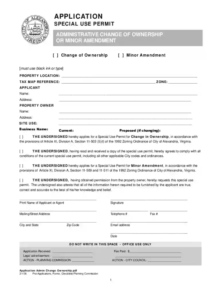 Application for Special Use Permit Administrative Change of Ownership or Minor Amendment Preview on Page 1