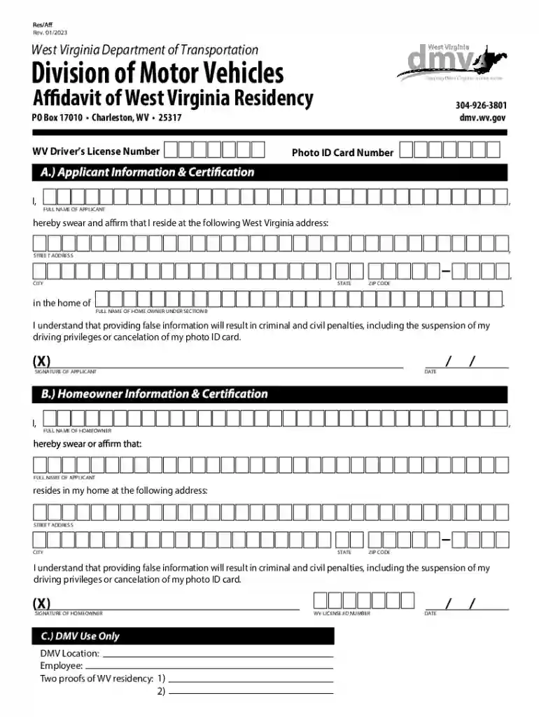Affidavit of West Virginia Residency Preview on Page 1