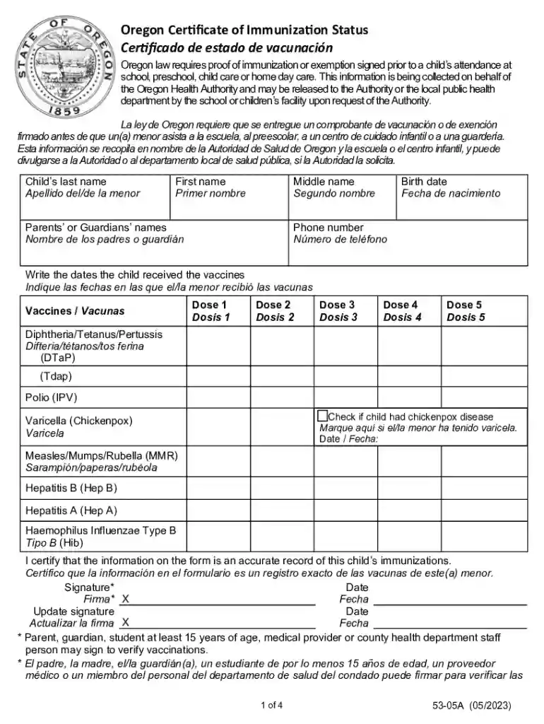Oregon Certificate of Immunization Status Preview on Page 1