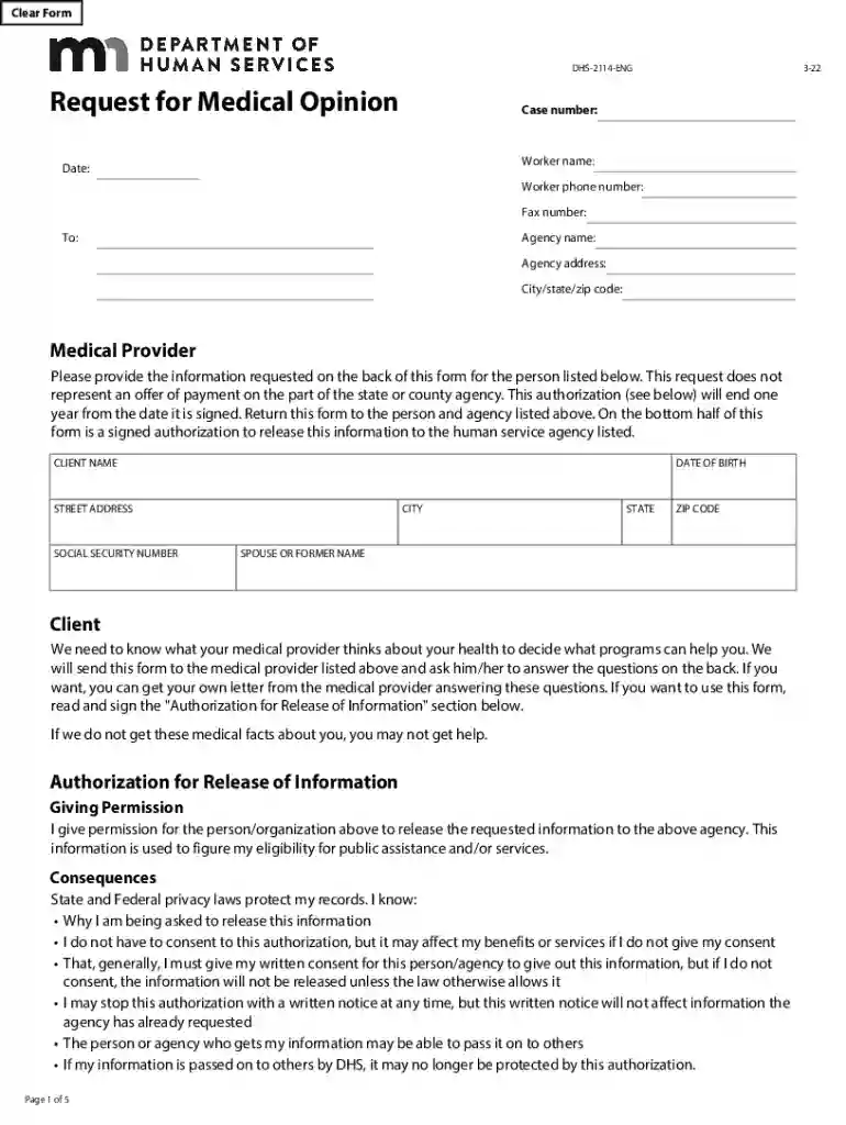 DHS-2114-ENG (MDHS Request for Medical Opinion) Preview on Page 1