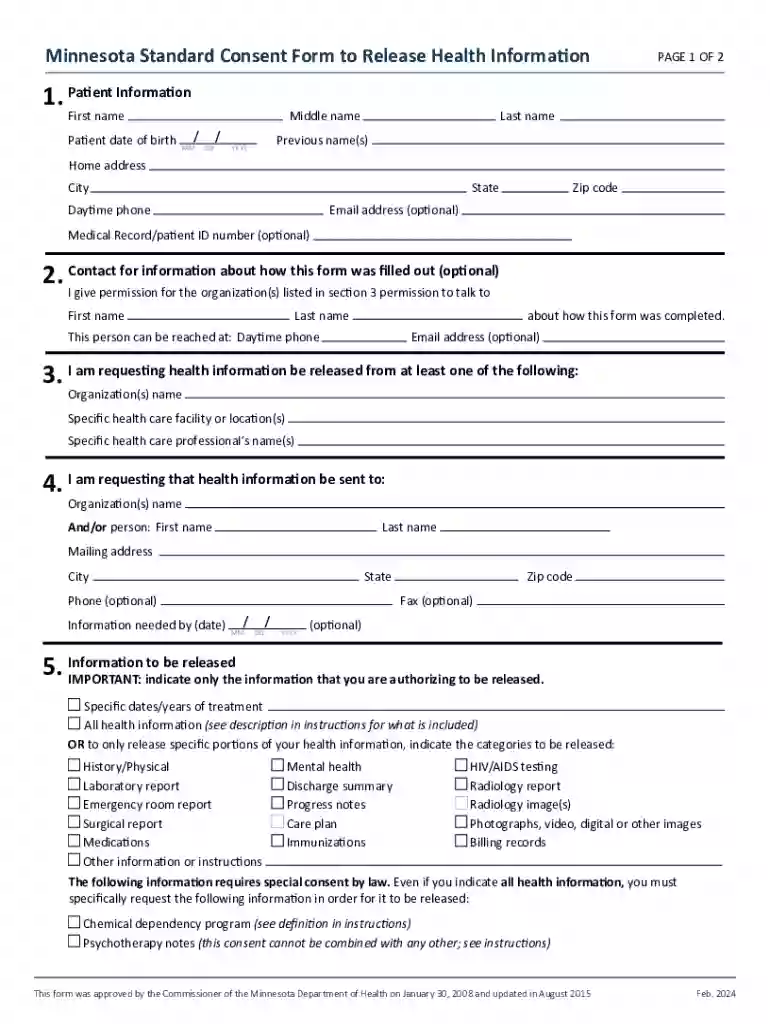 Minnesota Standard Consent Form to Release Health Information Preview on Page 1