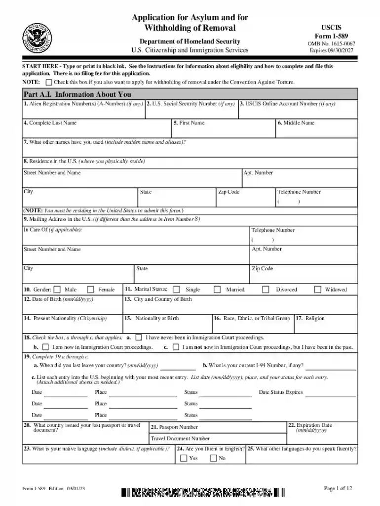 Form I-589 Preview on Page 1