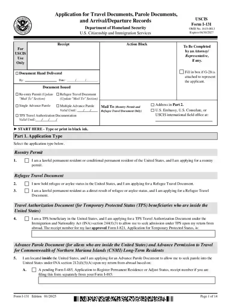 Form I-131, Application for Travel Documents, Parole Documents, and Arrival Departure Records Preview on Page 1