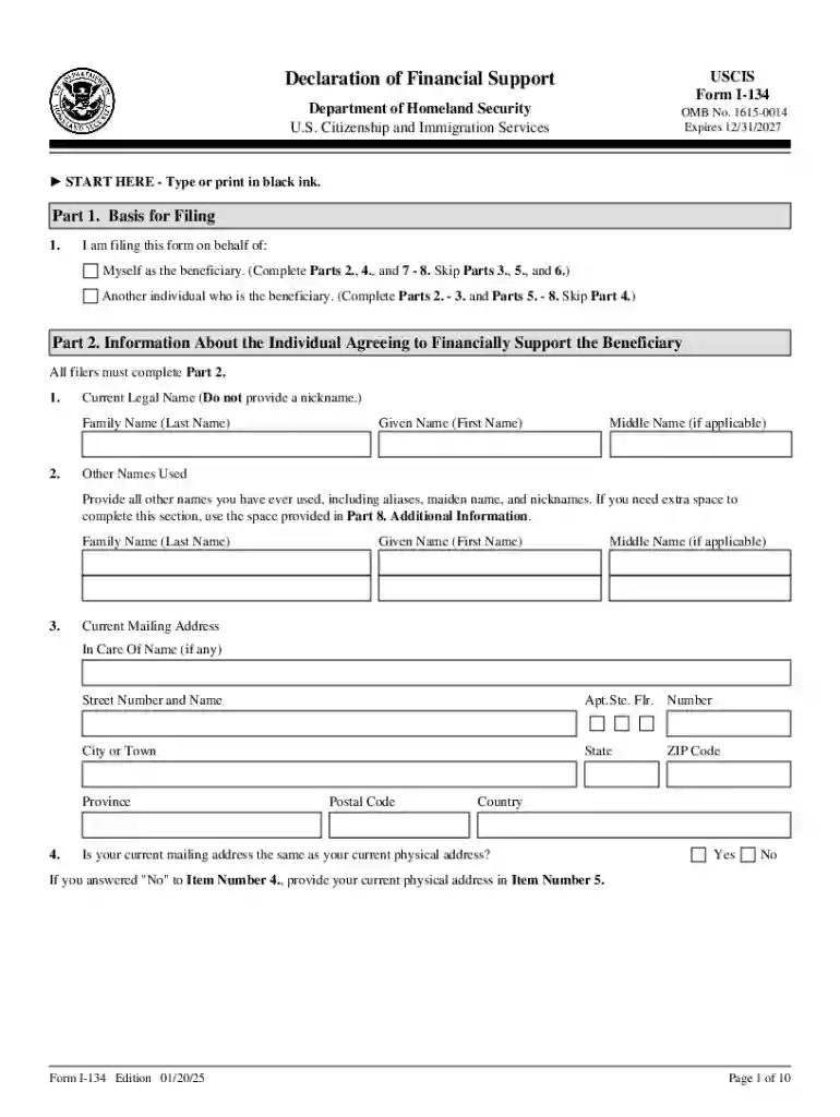 Form I-134, Declaration of Financial Support Preview on Page 1
