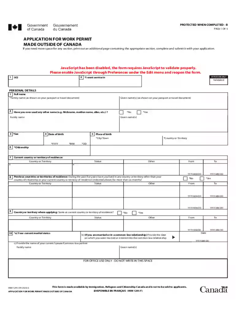 Application for Work Permit Made Outside of Canada Preview on Page 1