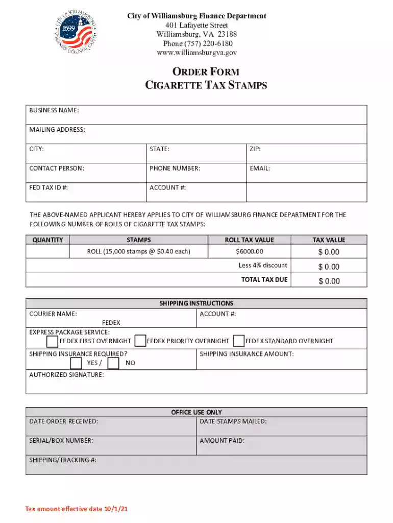 Cigarette Tax Stamps Order Form Preview on Page 1