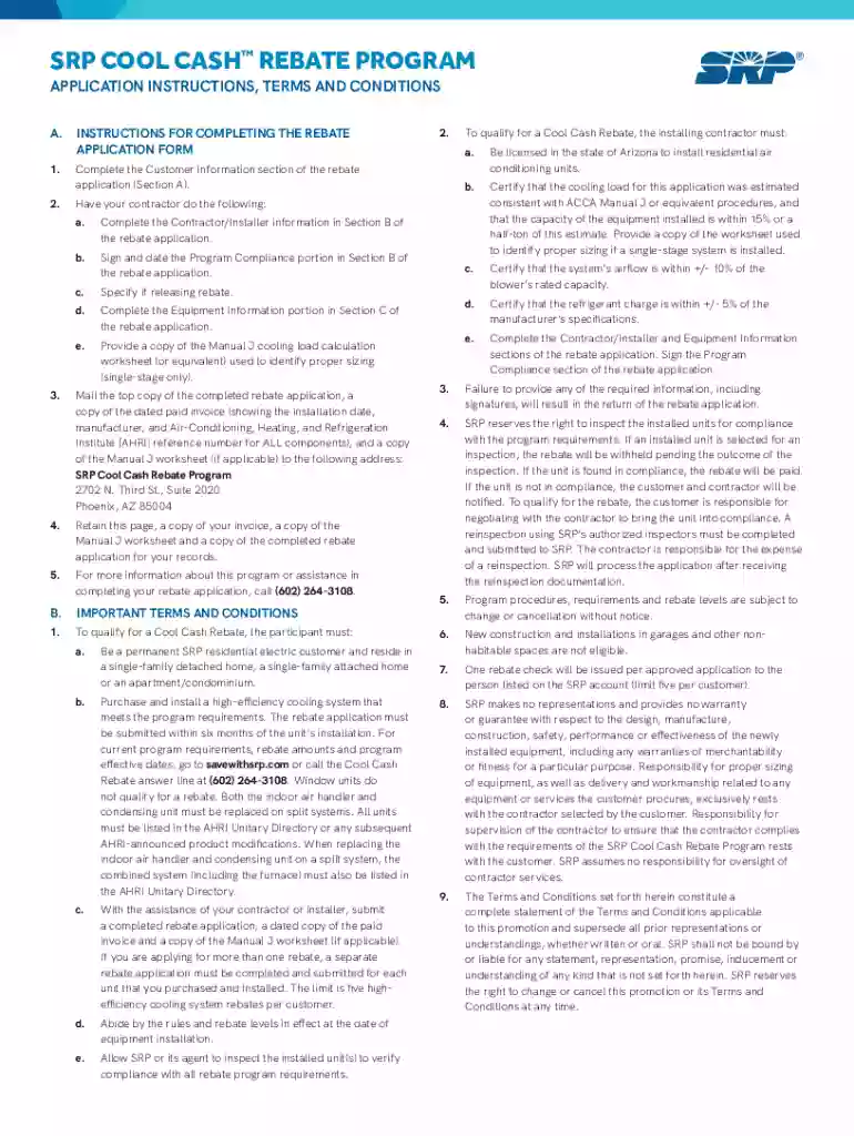 SRP Cool Cash Rebate Application Preview on Page 1