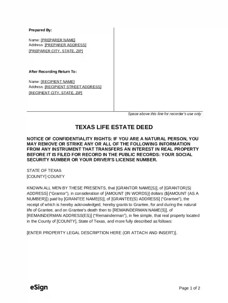 Texas Life Estate Deed Preview on Page 1