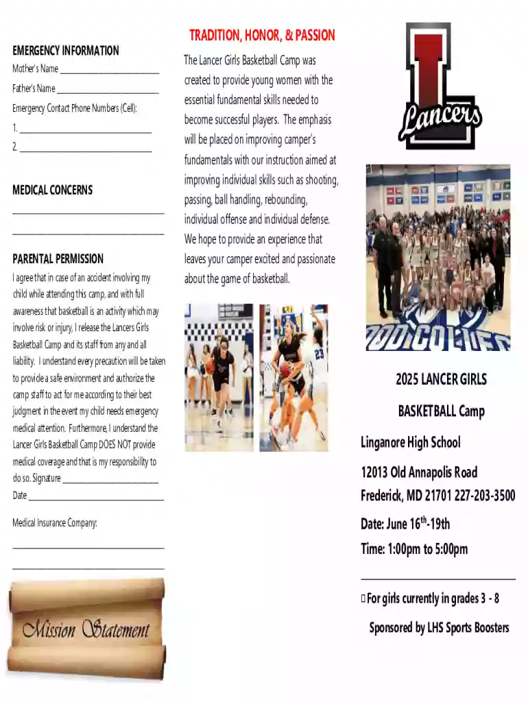 Lancer Girls Basketball Camp Registration Form Preview on Page 1