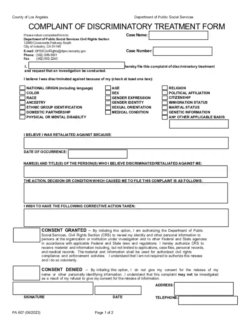 Complaint of Discriminatory Treatment Form Preview on Page 1