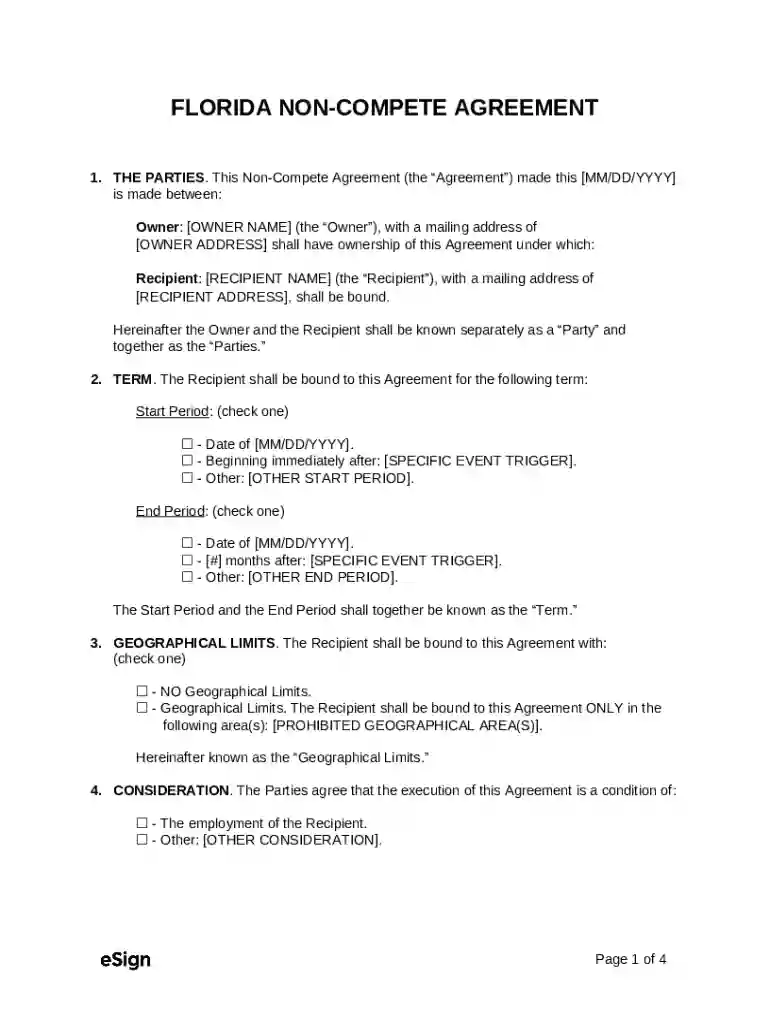 Florida Non-compete Agreement Preview on Page 1