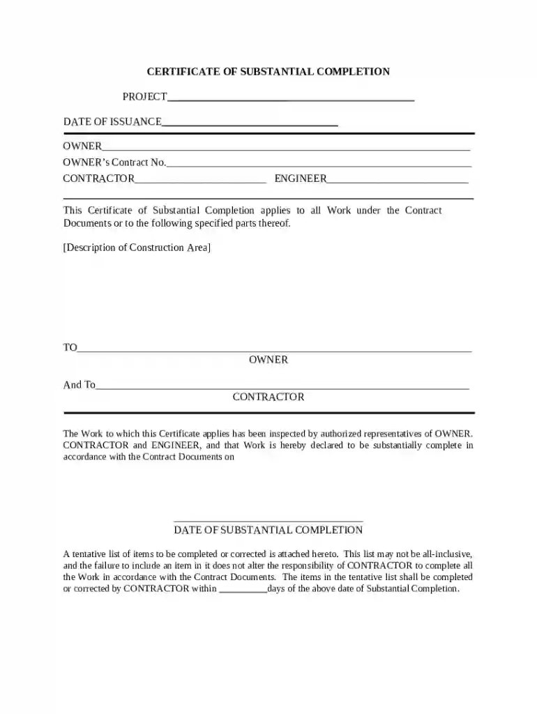 Certificate of Substantial Completion Preview on Page 1