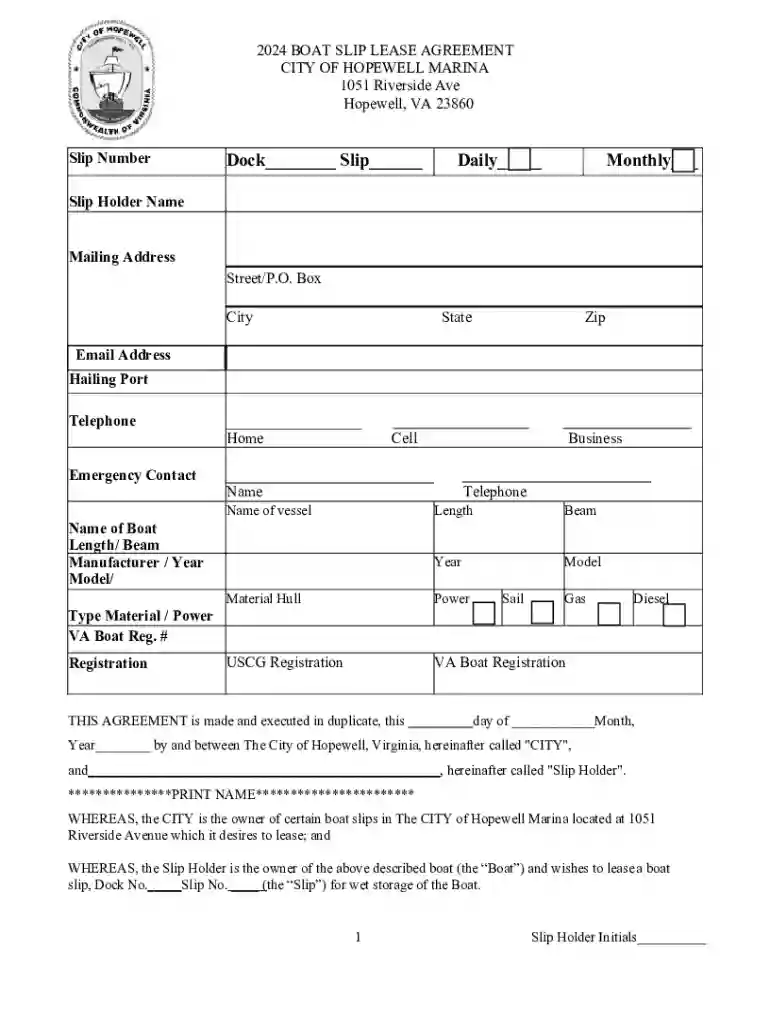2024 Boat Slip Lease Agreement Preview on Page 1