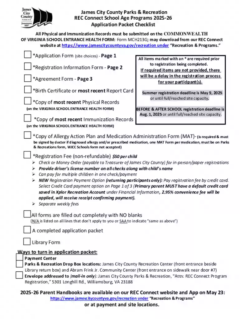 2025-26 Rec Connect School Age Program Annual Application Preview on Page 1
