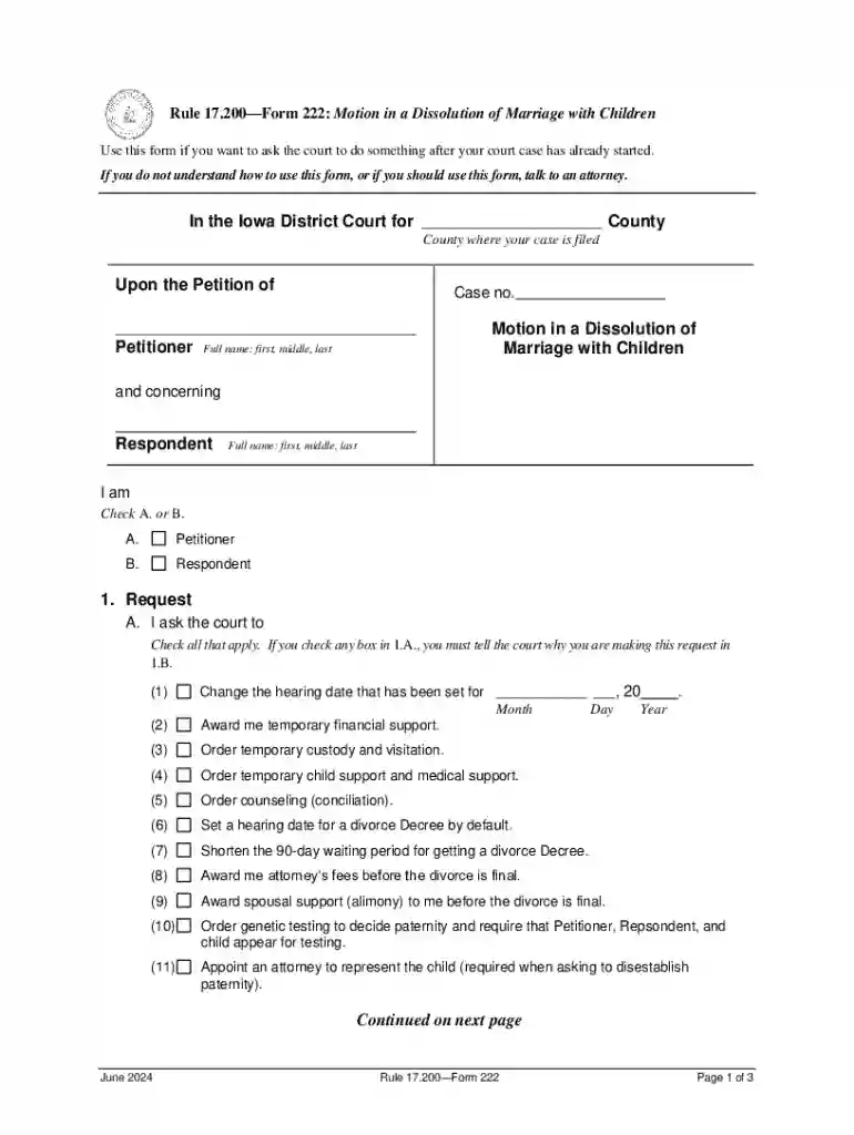 Rule 17 200 form 222: Motion in a Dissolution of Marriage With Children Preview on Page 1