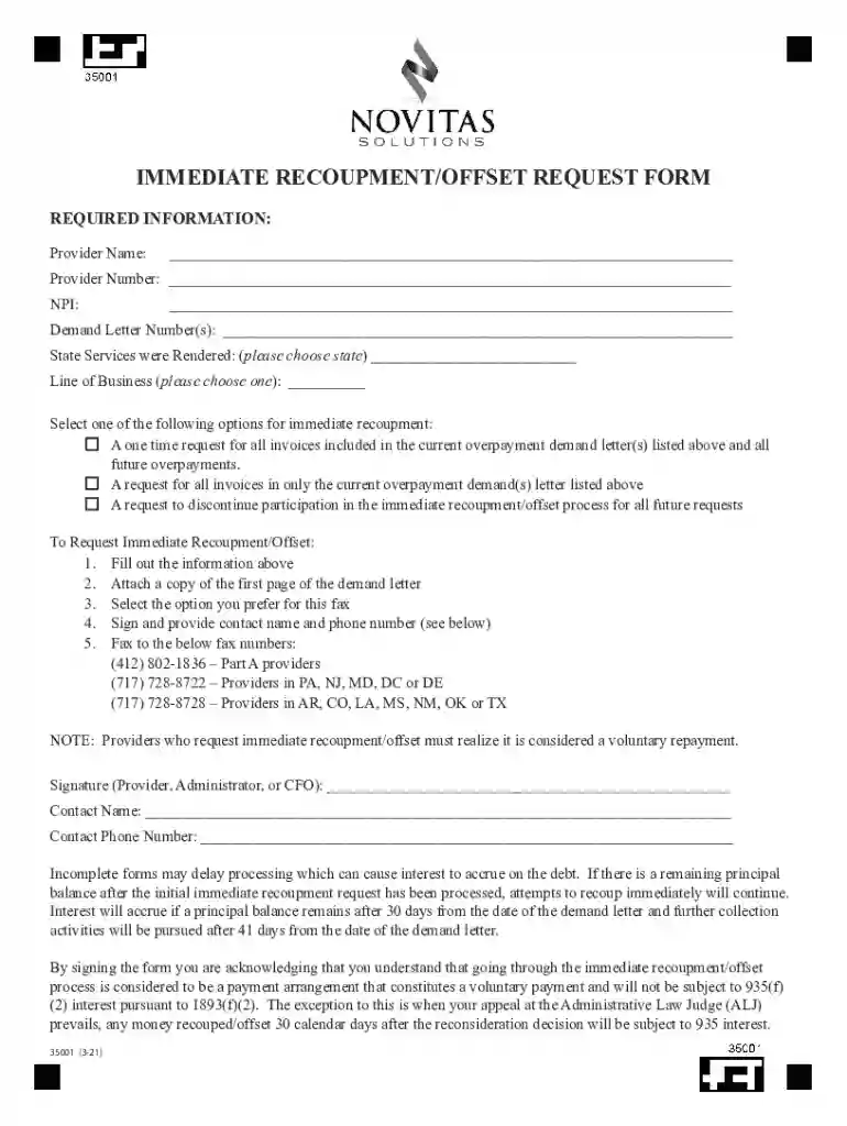 Immediate Recoupment offset Request Form Preview on Page 1